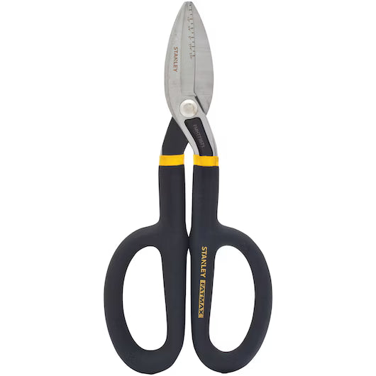 A pair of 10 IN STANLEY® FATMAX® ALL-PURPOSE TIN SNIPS by STANLEY, featuring black and yellow handles and stainless steel blades, is laid flat on a white background.